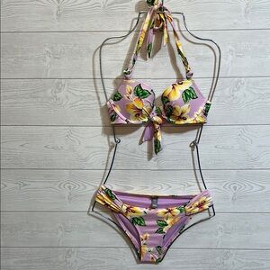 Aerie  Purple Floral Bikini Set Bottoms-Small Top-32B